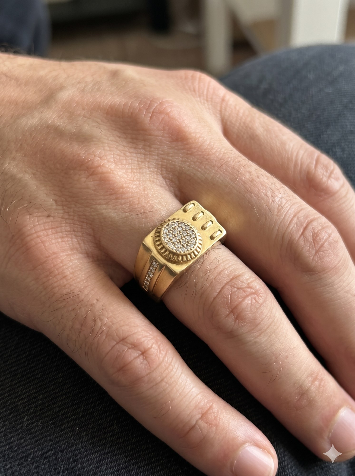 Men's Yellow Gold Signet Ring – Round Crystal Pave Emblem with Textured Shoulders and CZ Side Accents – photo 2