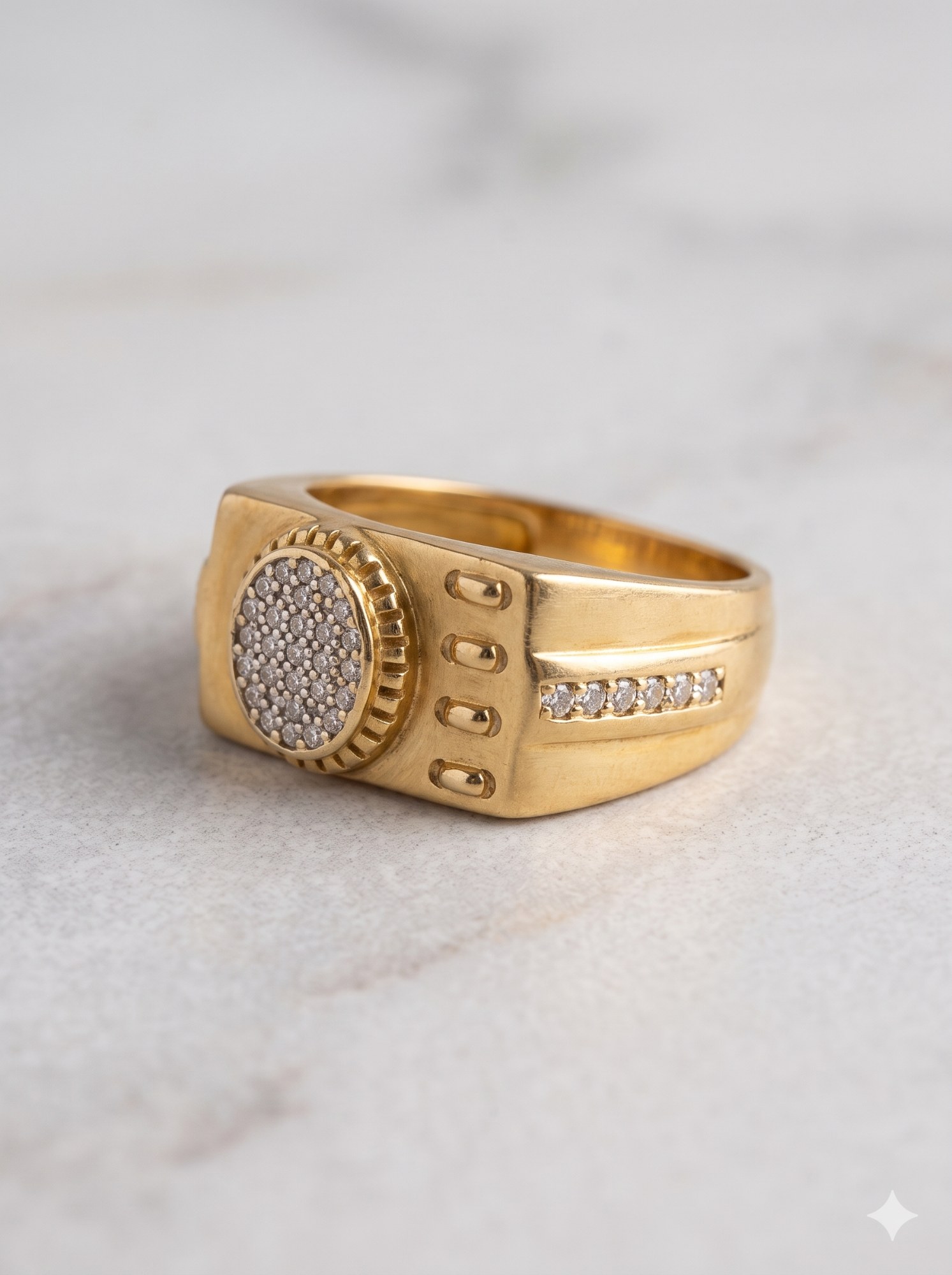 Men's Yellow Gold Signet Ring – Round Crystal Pave Emblem with Textured Shoulders and CZ Side Accents – photo 1