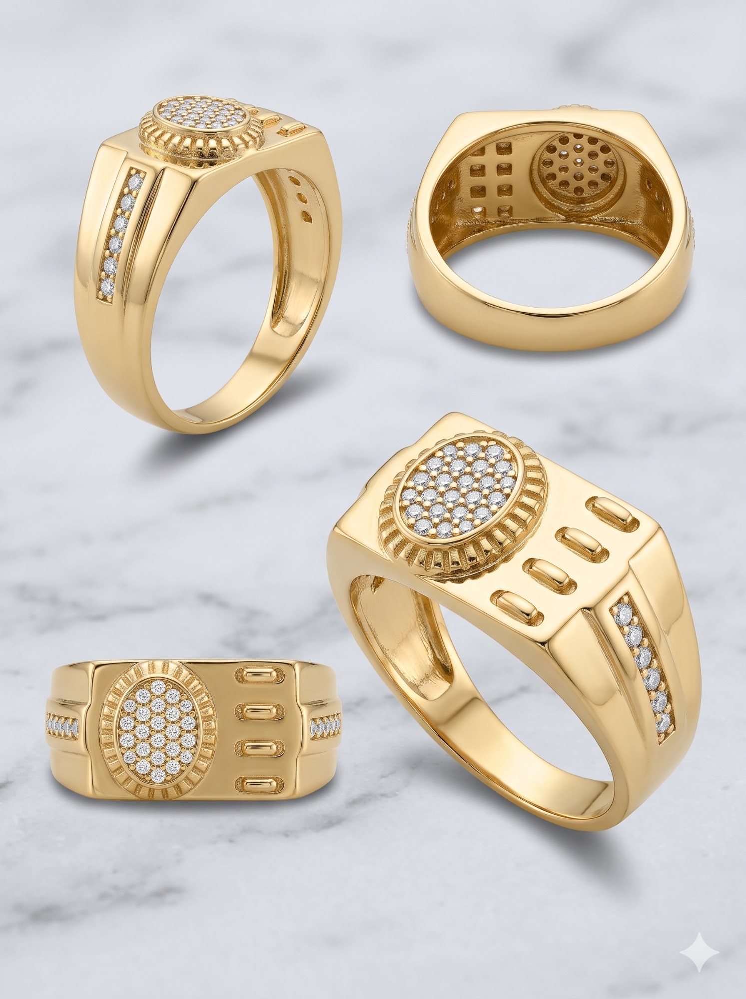 Men's Yellow Gold Signet Ring – Round Crystal Pave Emblem with Textured Shoulders and CZ Side Accents – photo 3