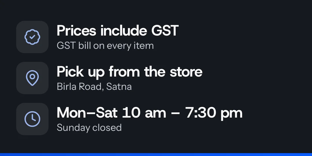 Prices include GST · Pick up from the store · Mon–Sat 10 am – 7:30 pm